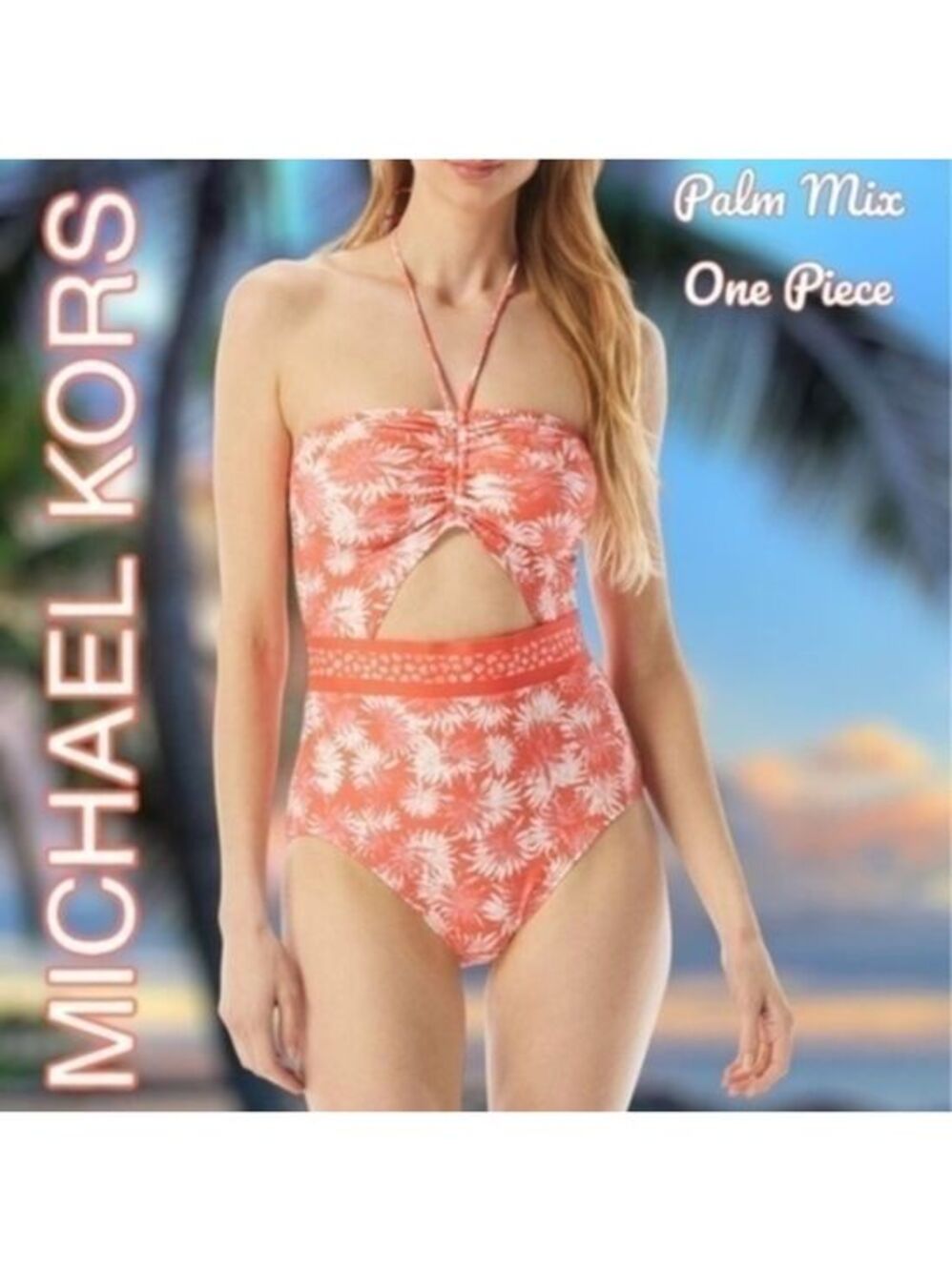 MICHAEL KORS Palm Mix Bandeau Front Cutout Halter Ties One-Piece Swimsuit-12/NWT